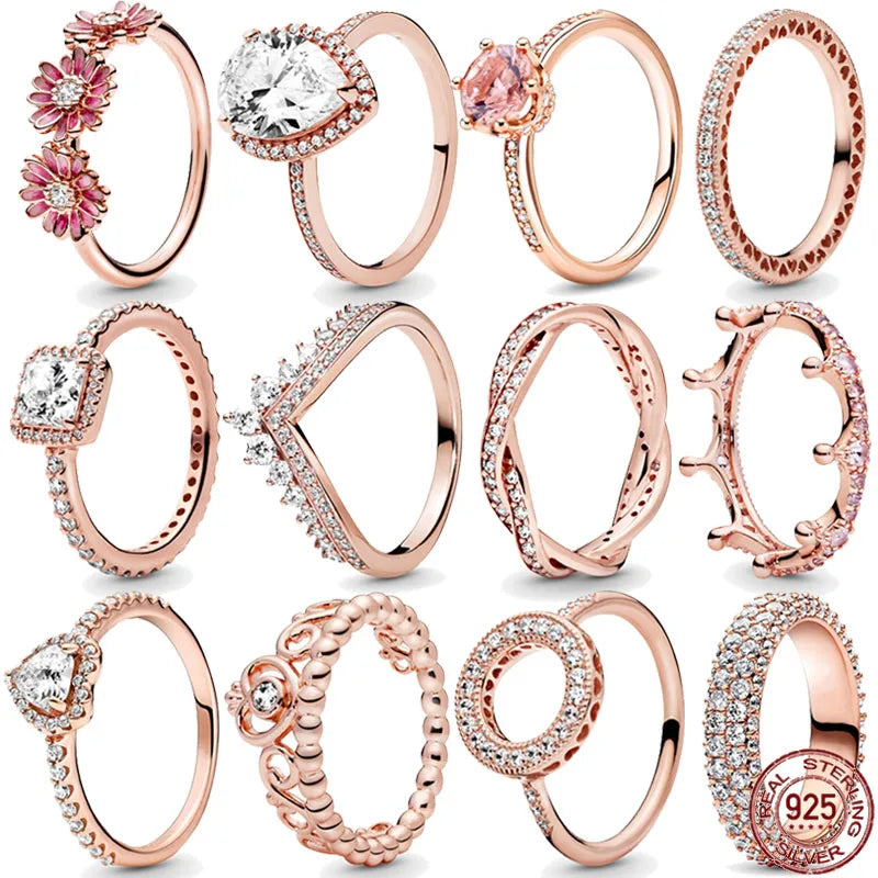 Classic 925 Sterling Silver New Exquisite Gold Color Series Shiny Crown Square Ring