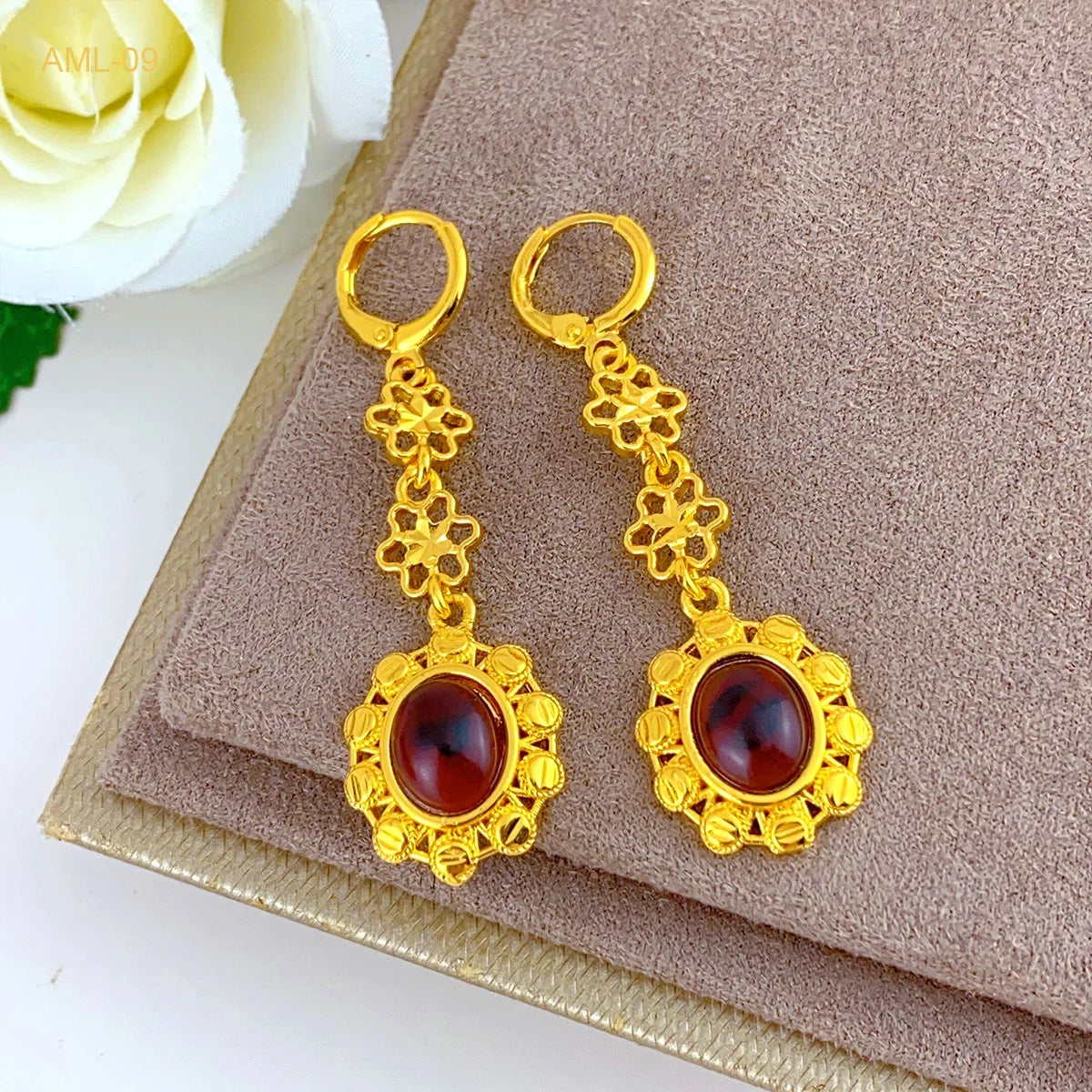 24K Gold AU999 - Bright Ruby Necklace Earrings & Bracelet Set Women's