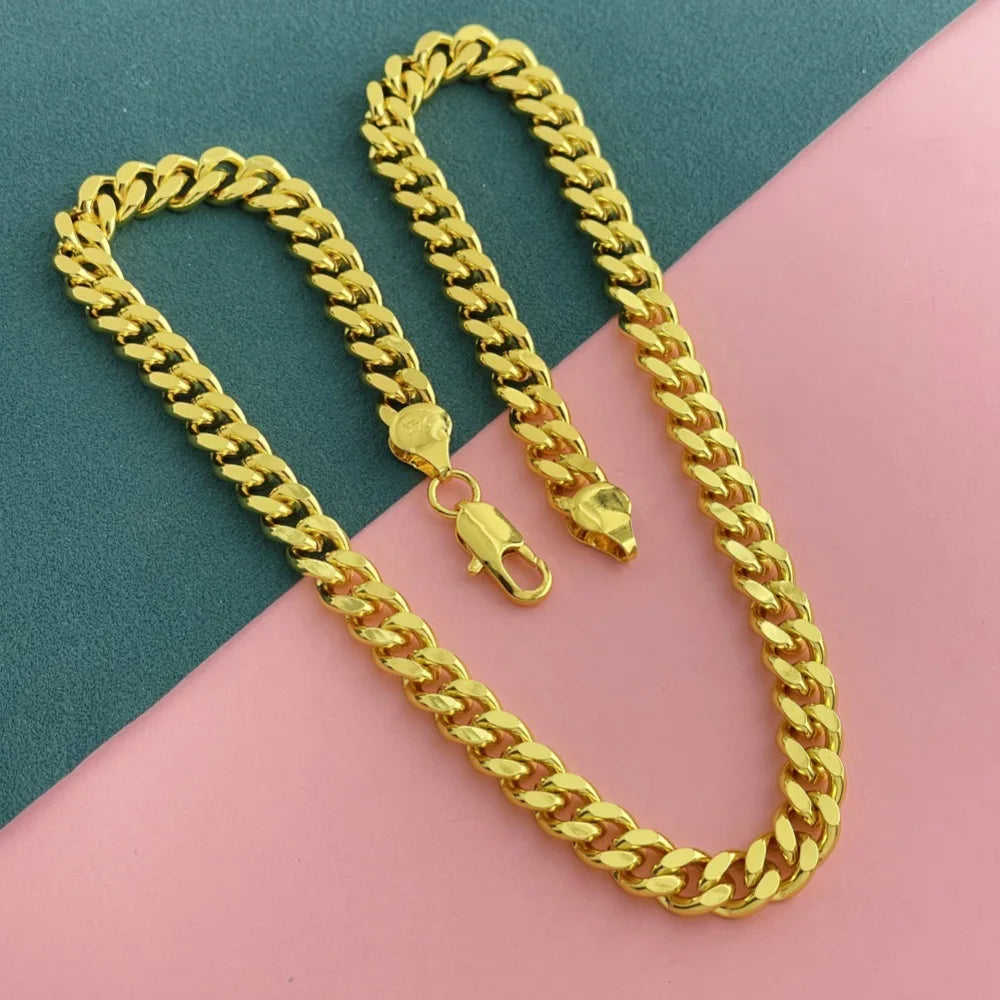 24K AU999 Gold 10MM 60CM Necklace Men's Polished Sideways Boss Chain Bold Twisted Unisex Neckpiece