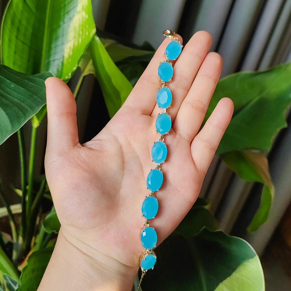 Paraiba Ocean Greek Pine Blue Oval Gemstone Copper Bracelet