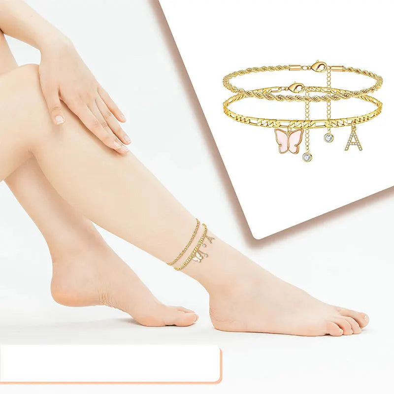 2 Piece Stainless Steel Strong Durable Gold- Plated Initial Anklet Set 26 Letter Acrylic Butterfly Charm Chain Anklet