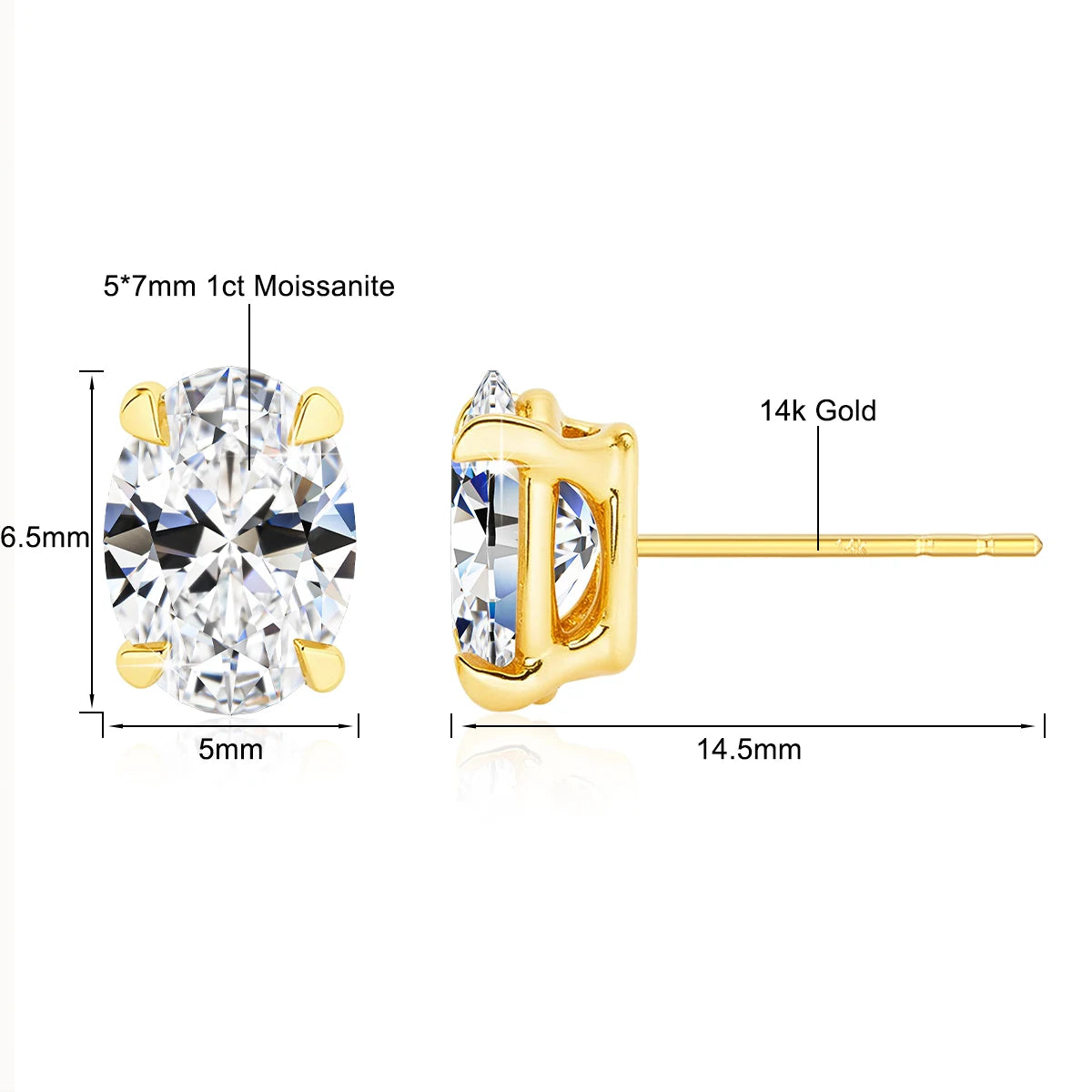 14K Gold Oval Cut 0.5ct 1ct 2ct Moissanite Red Blue Corundum Unisex Luxury Stud Earrings