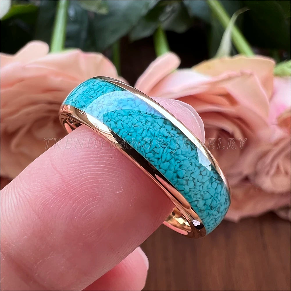4MM, 6MM 8MM Tungsten Carbide Comfort Fit with Natural Turquoise Gemstone Inlay