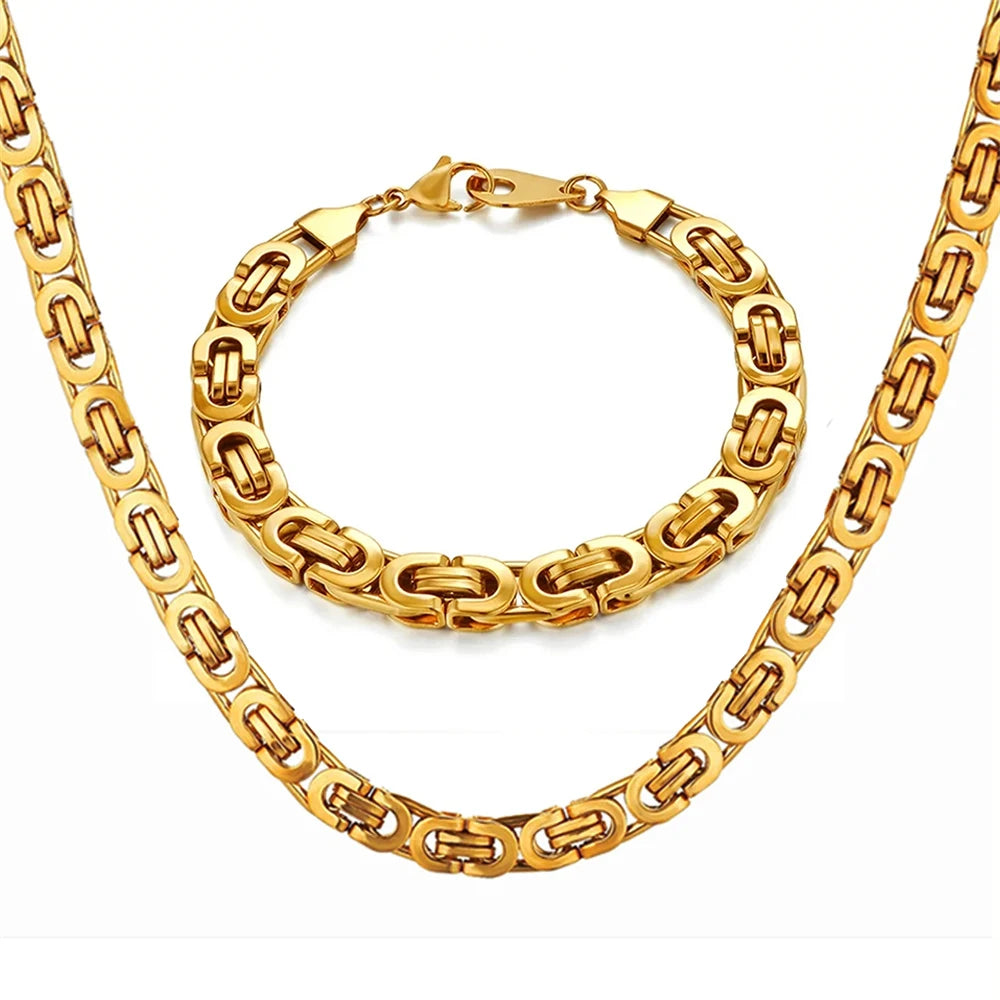 Gold Color Stainless Steel 8mm Byzantine Link Chain Bracelets Necklace Set