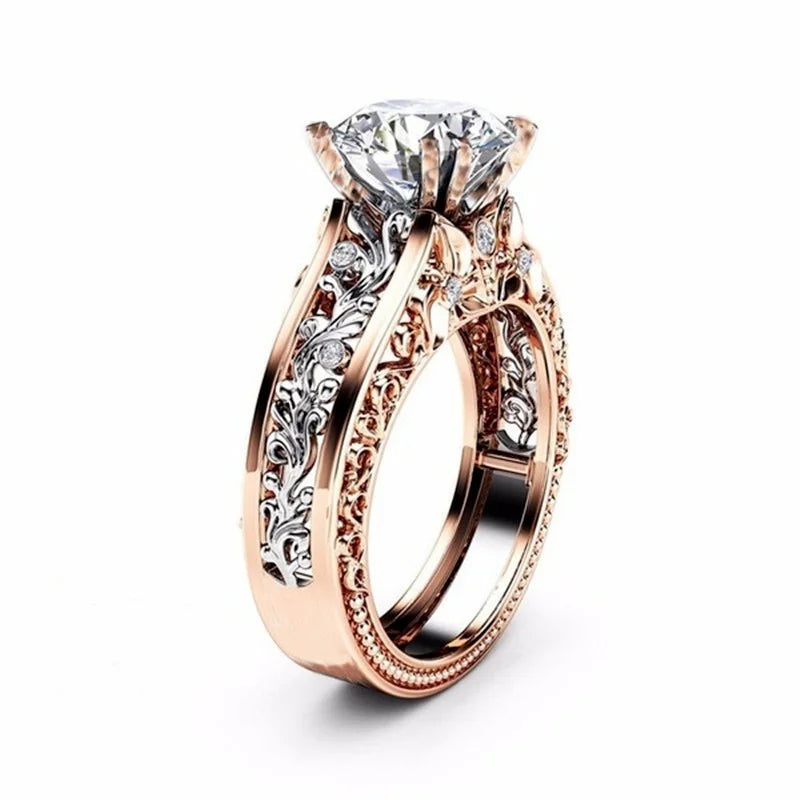 Victorian Metal Hollow Carving Pattern Rose Gold Color Zircon Ring