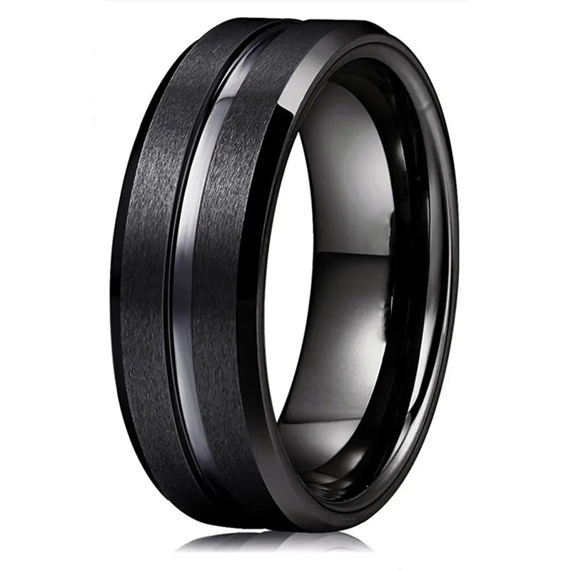 8MM Men's Black Tungsten Groove Beveled Edge Wedding Band