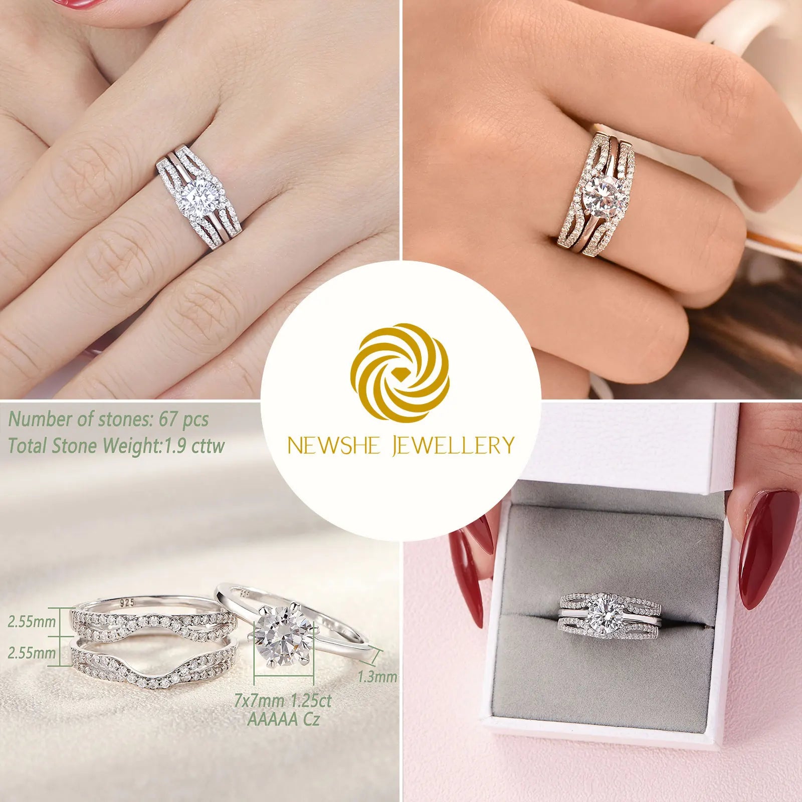 Solid 925 Sterling Silver Rose Gold Plated Solitaire Round Cut 5A CZ Wrap W/ Solitaire Crown Engagement Set