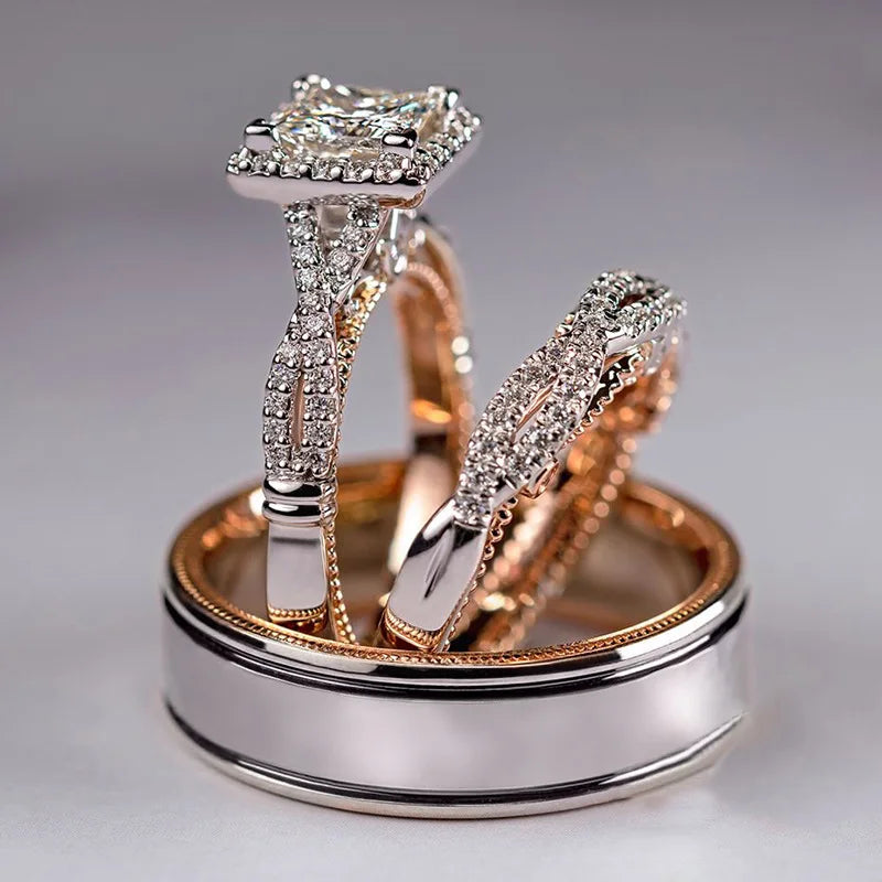 14K Gold Vintage 3-in-1 Promise Ring Set Lab Diamond Engagement Wedding Band Ring Set
