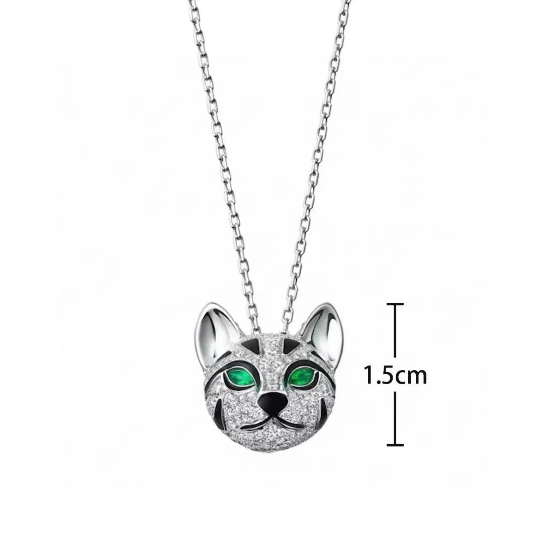 Pure Sterling Silver S925 Green Eyed Cat Leopard Diamond Encrusted