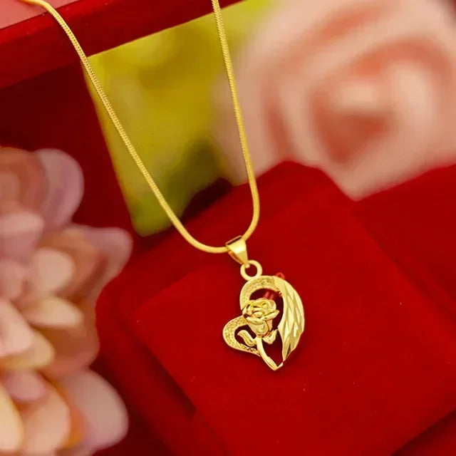 9999 24KT Pure Gold Heart & Roses Lovers Necklace
