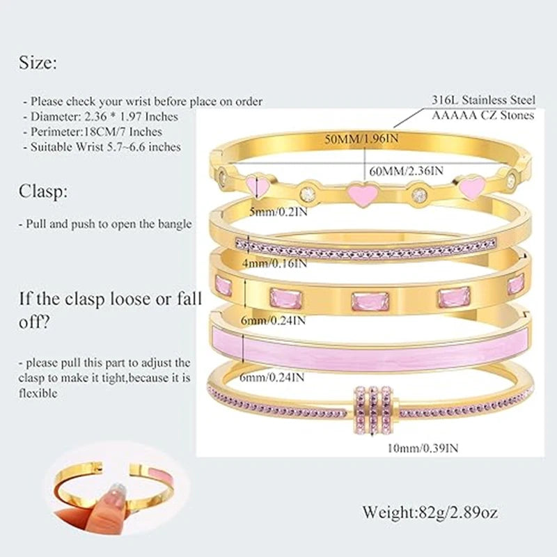 Stackable Gold Color Bangle Bracelet Set for Women - 18K Gold Plated Stainless Steel Pink Crystal Love Heart Bracelet Jewelry