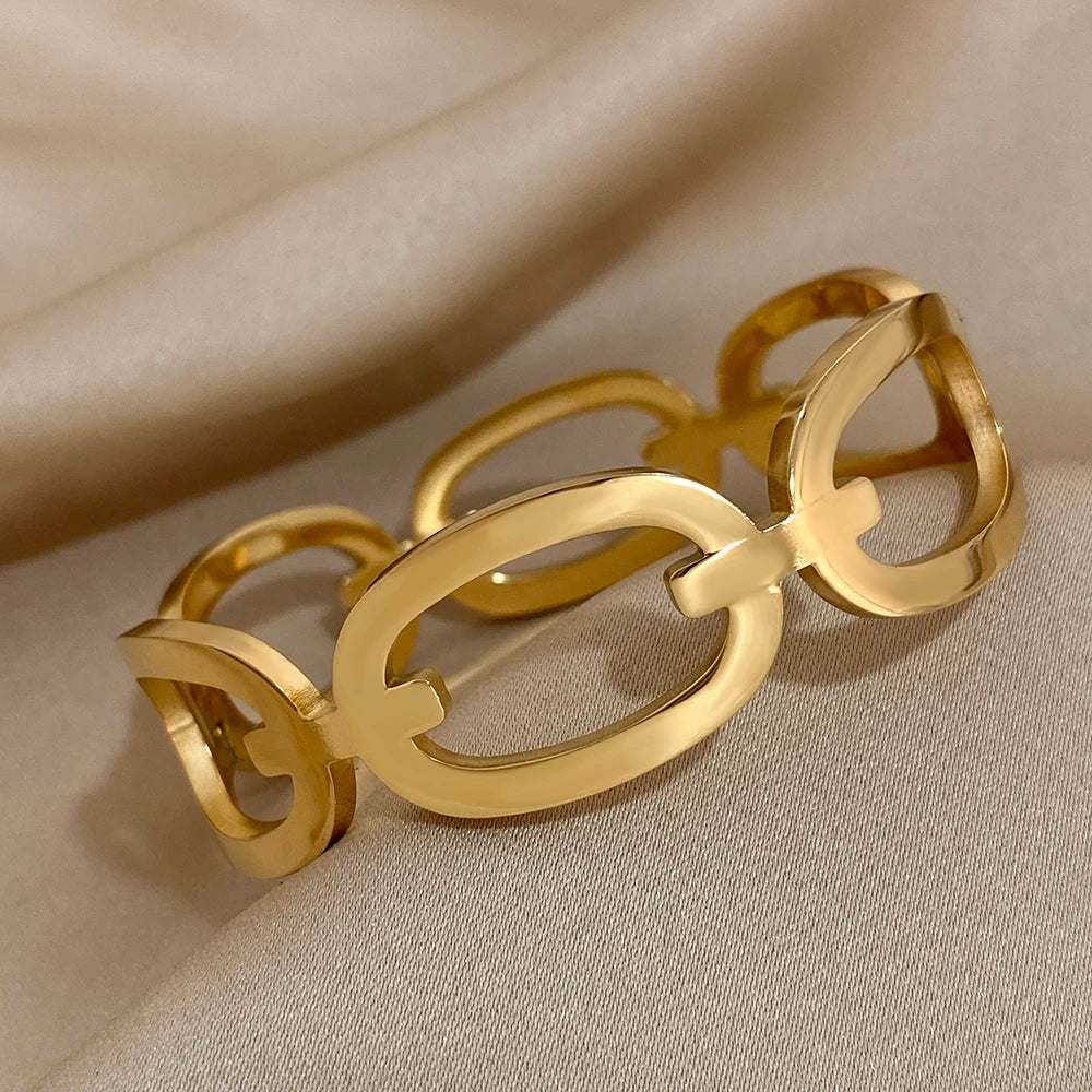 New Trendy Circular Buckle Gold-Plated Stainless Steel Bracelets Bangles for Women Men Vintage Wide Open Bangle Wrist Jewelry