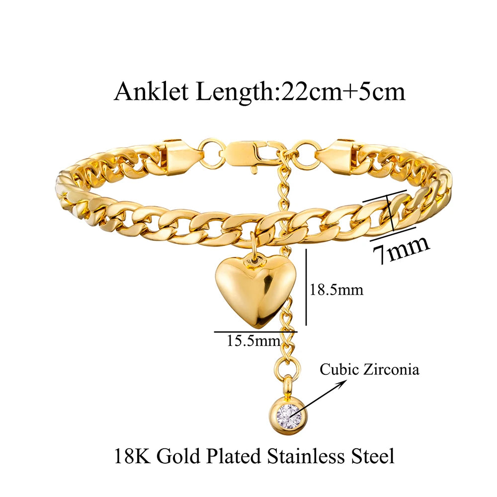 18KT Stainless Steel Plated Heart CZ Cuban Link Ankle Bracelet