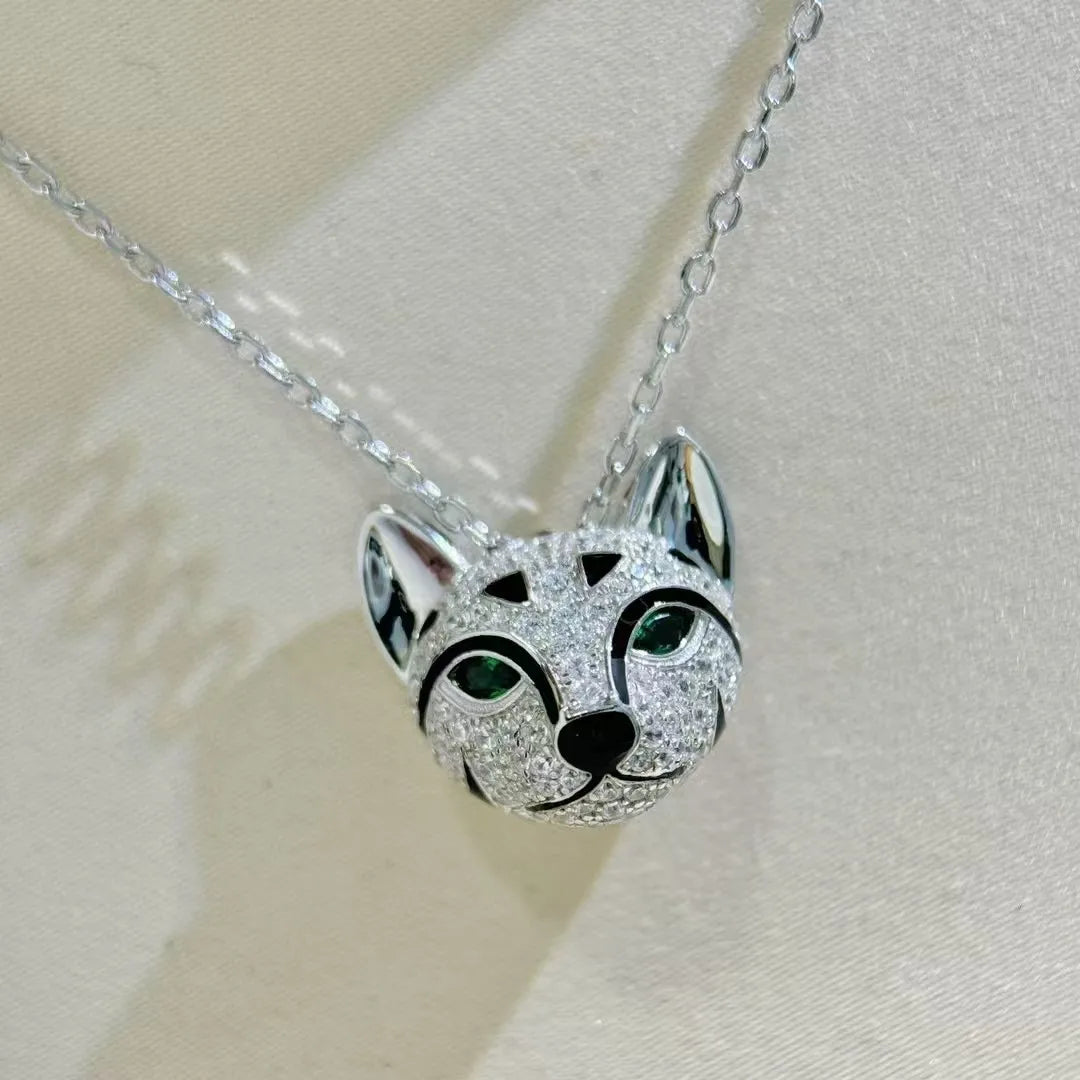 Pure Sterling Silver S925 Green Eyed Cat Leopard Diamond Encrusted