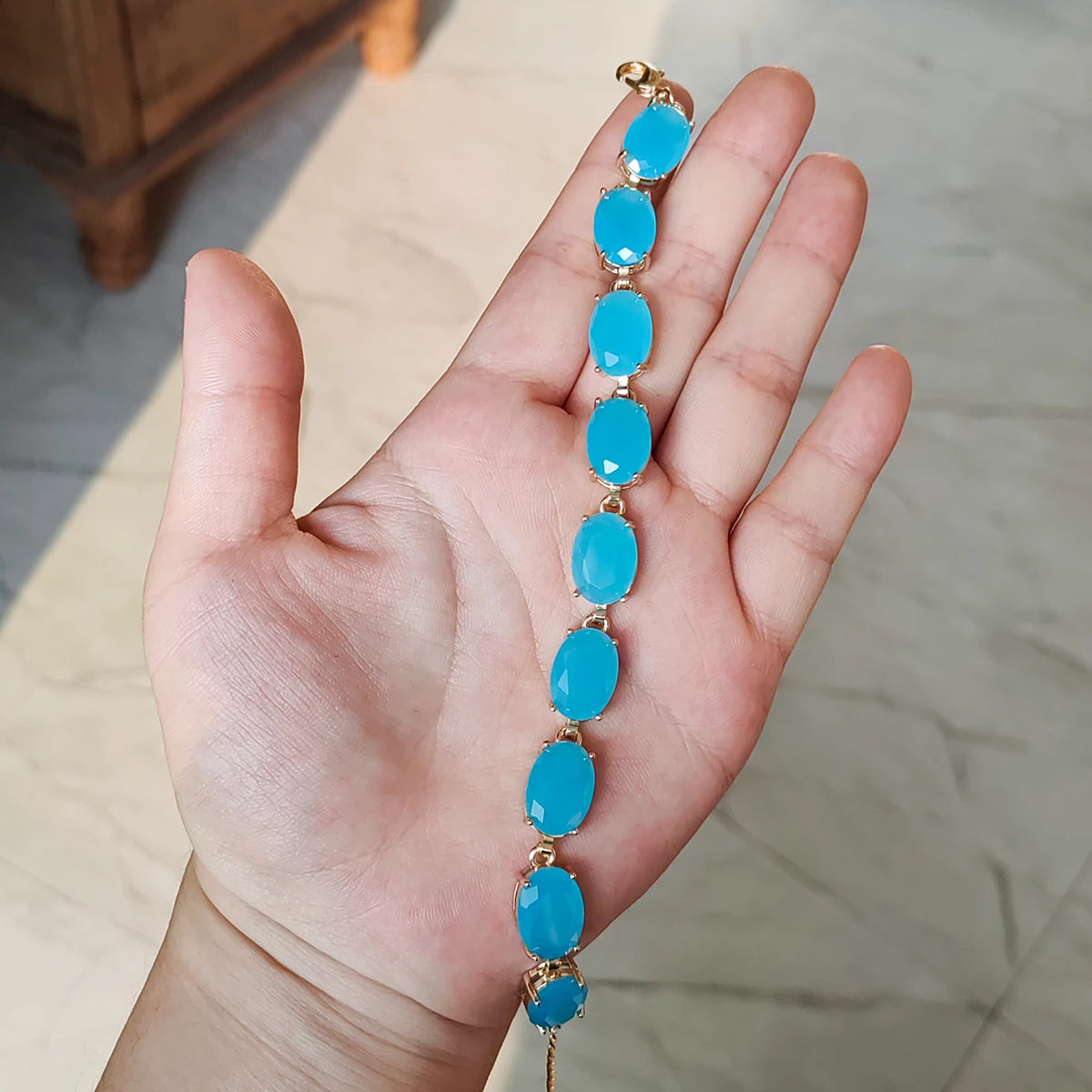 Paraiba Ocean Greek Pine Blue Oval Gemstone Copper Bracelet