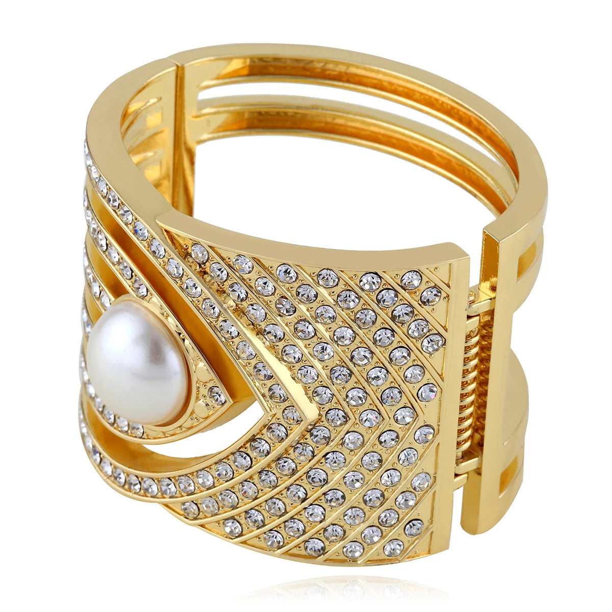 Diamond Pearl Chunky Bangle Bold Statement Metal Wide Bracelet Women Fashion Geometric Design Luxury Gift Stylish Accessory Mode