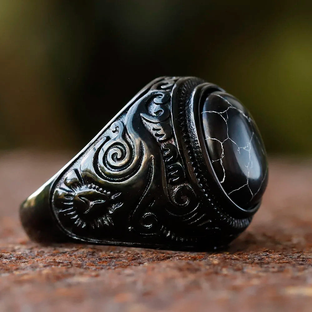 Vintage Handmade Turkish Black Zircon Rings Retro Men Stainless Steel Tiger Eye Stone Ring