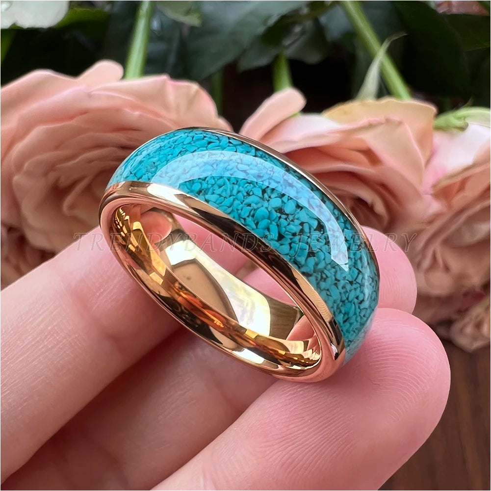 4MM, 6MM 8MM Tungsten Carbide Comfort Fit with Natural Turquoise Gemstone Inlay