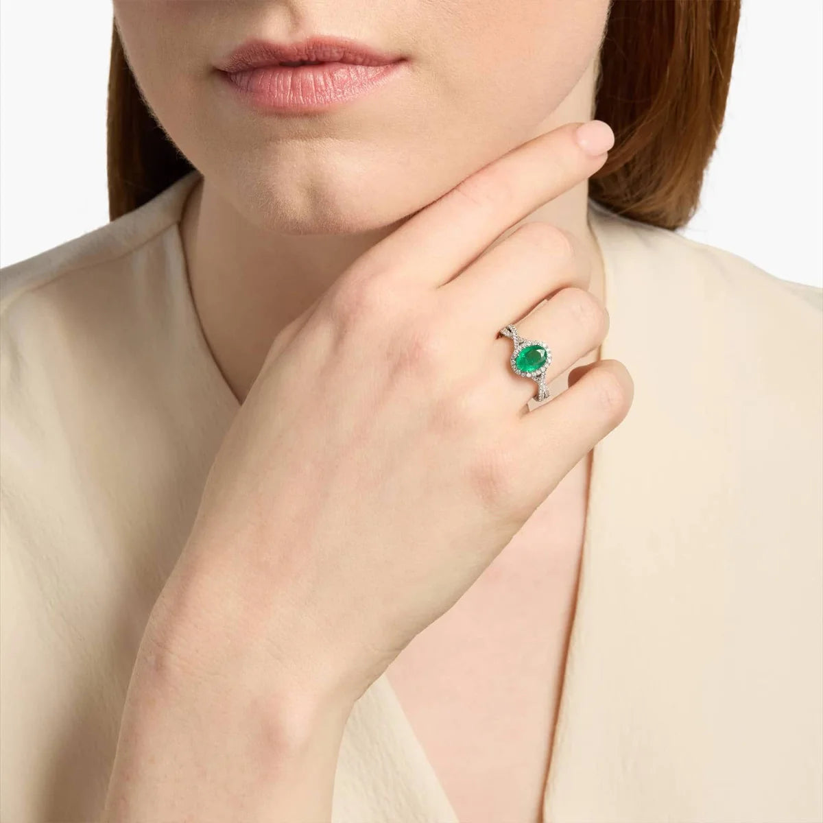 9K/14K/18K White Gold Center Stone Oval Cut Lab Grown Emerald Accented by Round Lab Diamond Twisted Shank Ring