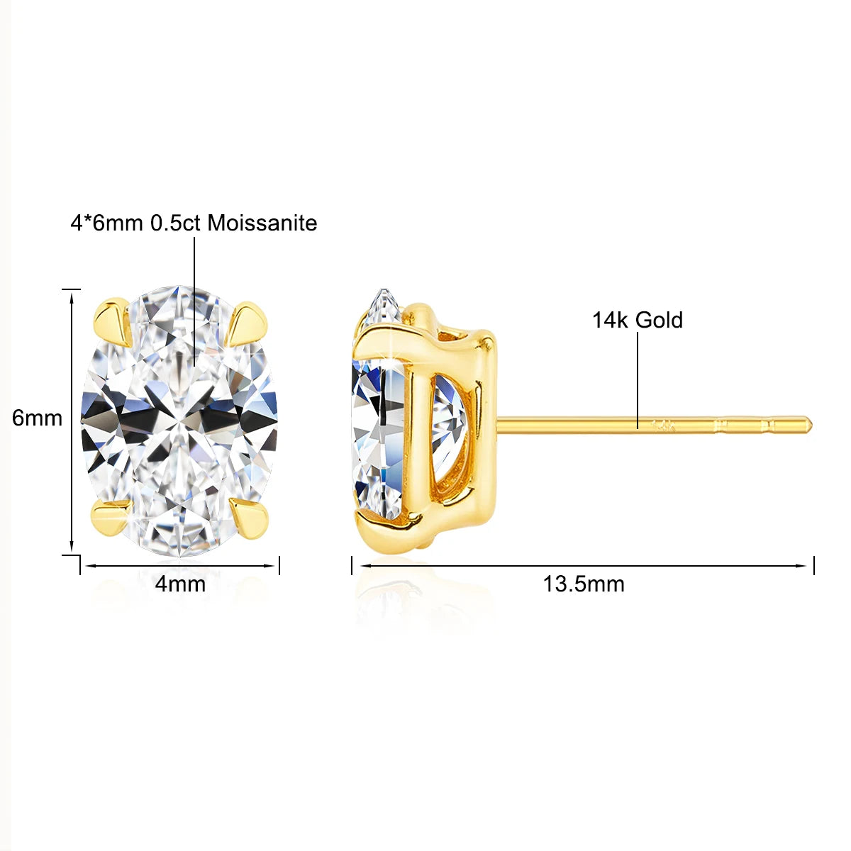 14K Gold Oval Cut 0.5ct 1ct 2ct Moissanite Red Blue Corundum Unisex Luxury Stud Earrings