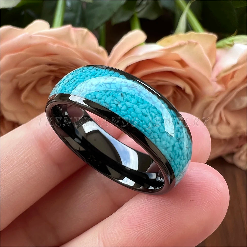 4MM, 6MM 8MM Tungsten Carbide Comfort Fit with Natural Turquoise Gemstone Inlay