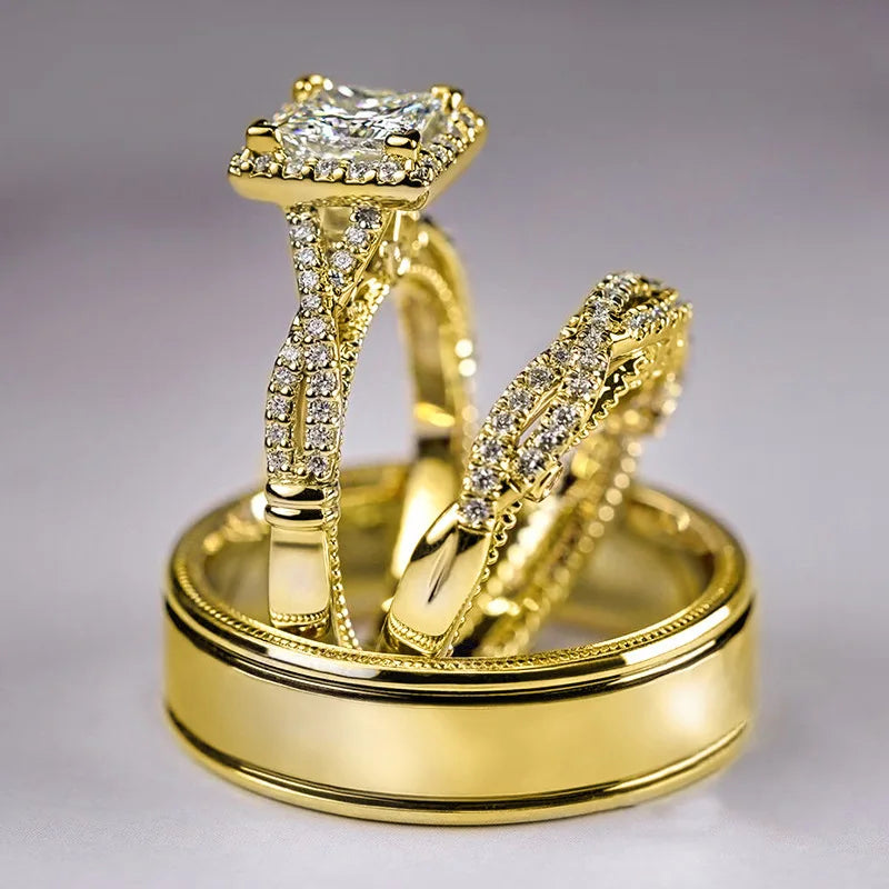 14K Gold Vintage 3-in-1 Promise Ring Set Lab Diamond Engagement Wedding Band Ring Set