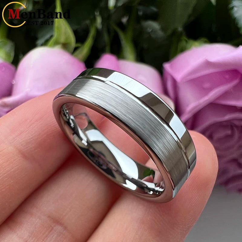 6MM 8MM Tungsten Carbide Ring Offset Groove Polished Brushed Finish Comfort Fit