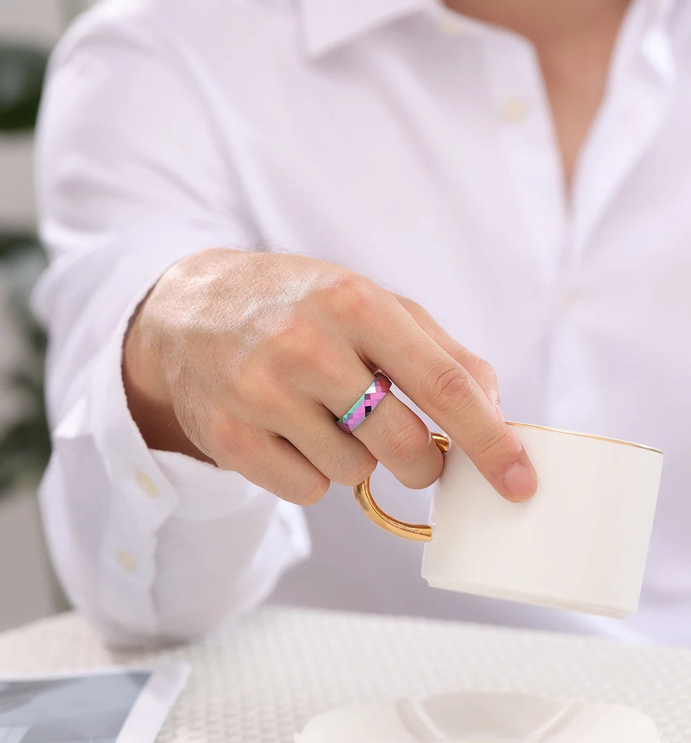 4/6MM Rainbow Faceted Edge Dome Polished Tungsten Carbide Ring