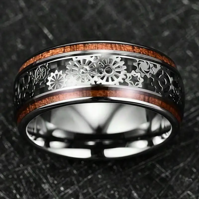 10MM Tungsten Polished Inlaid Wooden Dome Ring