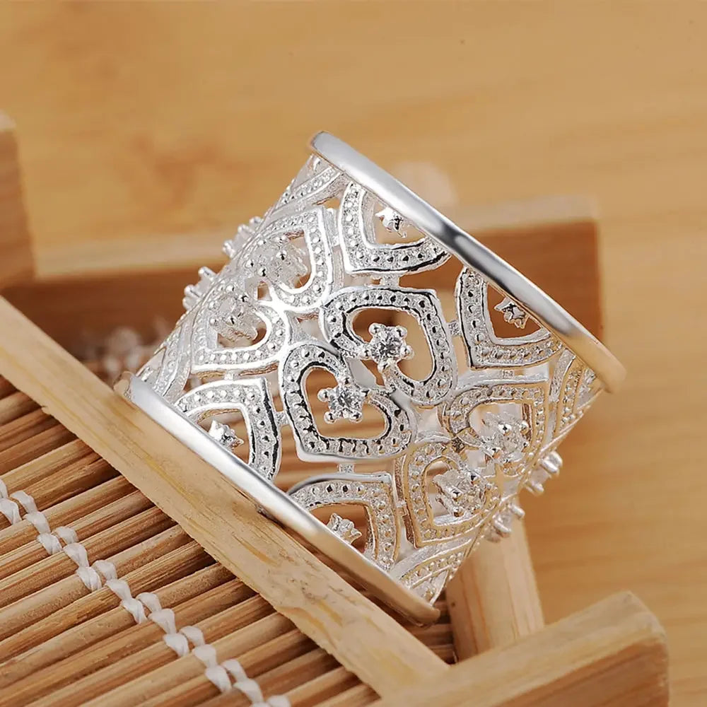 Open Hollow Heart CZ Copper Sterling Silver Plated Open Ring