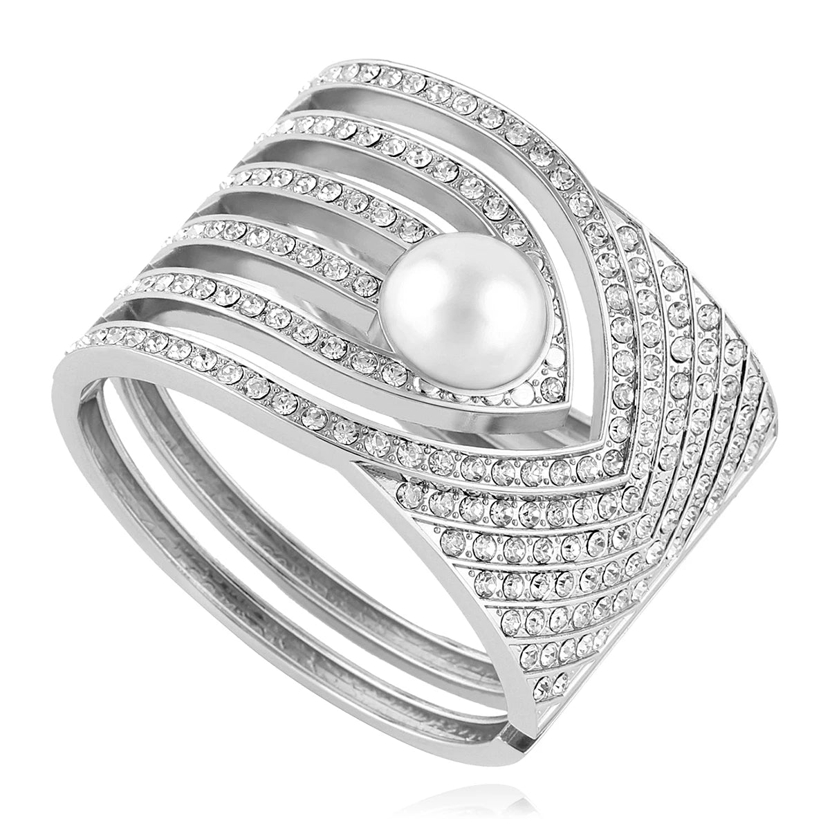 Diamond Pearl Chunky Bangle Bold Statement Metal Wide Bracelet Women Fashion Geometric Design Luxury Gift Stylish Accessory Mode