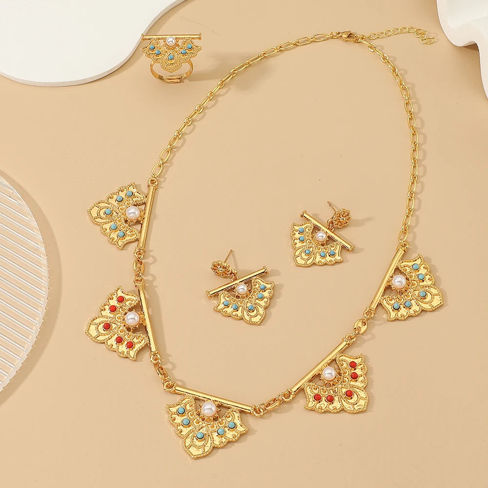 Luxury Palace 18KT Gold Plated Multi Gemstone Geometric Necklace & Earring Set