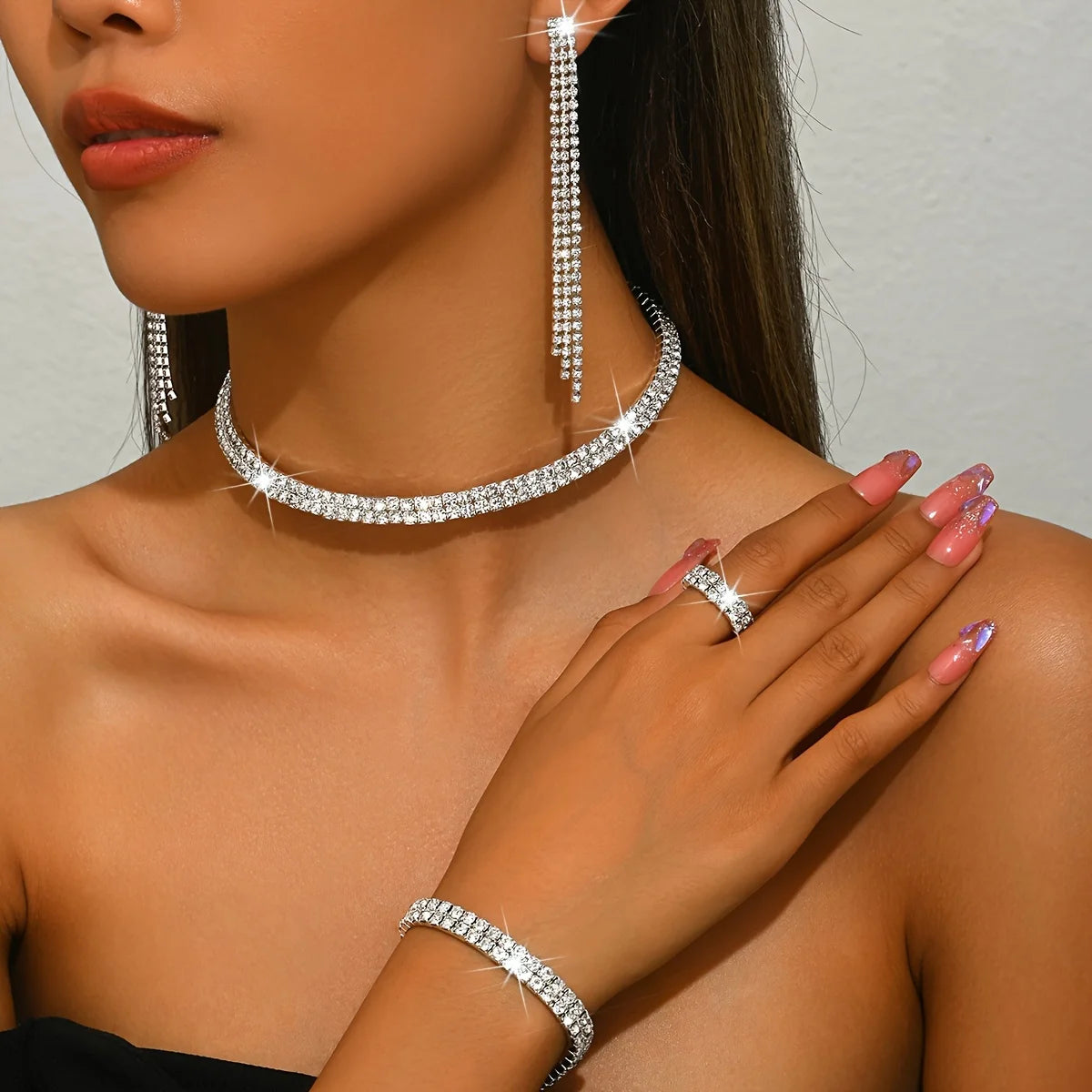 5 Piece Luxury Rhinestone Choker, Bracelets, Earring, Ring Jewelry Bridal Set