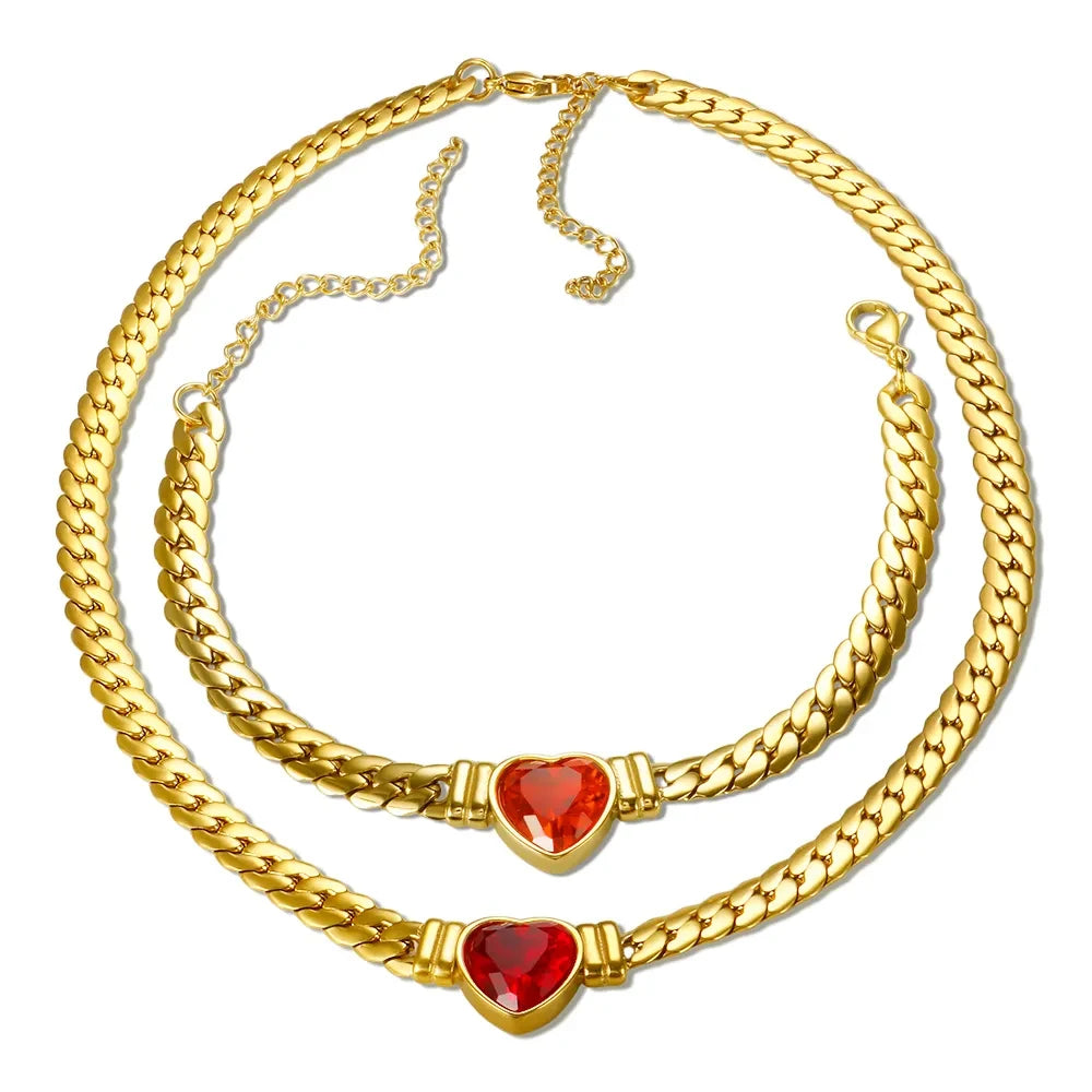 Luxury Love Heart Zircon Necklace Bracelet Dubai Cuban Chain Jewelry Set For Women Waterproof Stainless Steel Gold Color Plated