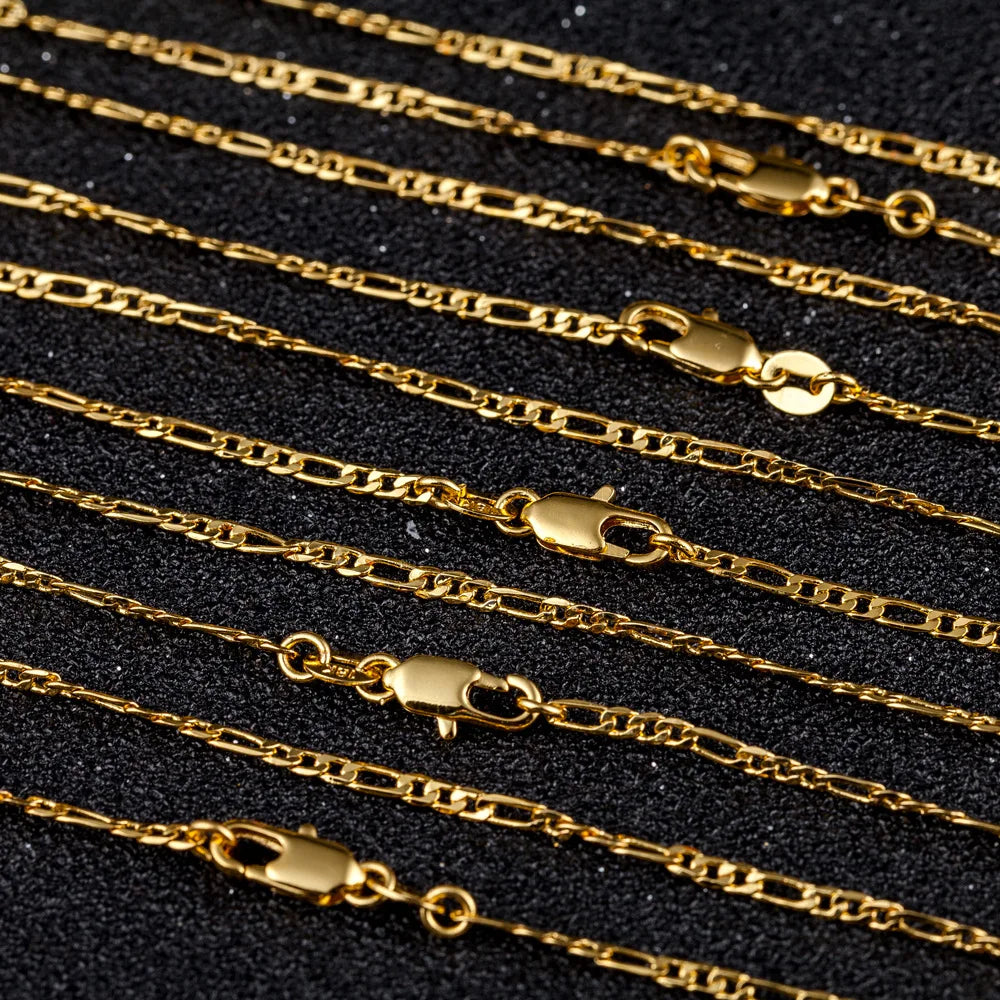 Luxury 24KT 9999 Pure Gold 2MM Three One Figaro Necklace