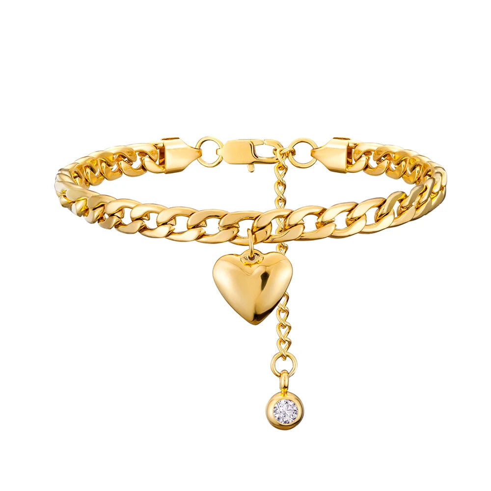 18KT Stainless Steel Plated Heart CZ Cuban Link Ankle Bracelet