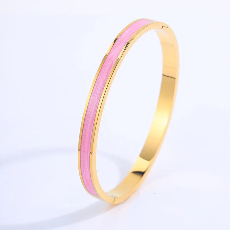 Stackable Gold Color Bangle Bracelet Set for Women - 18K Gold Plated Stainless Steel Pink Crystal Love Heart Bracelet Jewelry