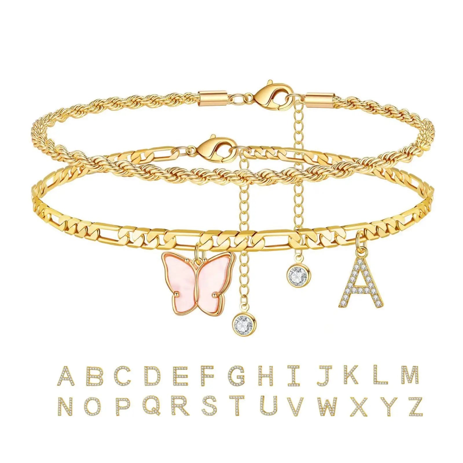 2 Piece Stainless Steel Strong Durable Gold- Plated Initial Anklet Set 26 Letter Acrylic Butterfly Charm Chain Anklet
