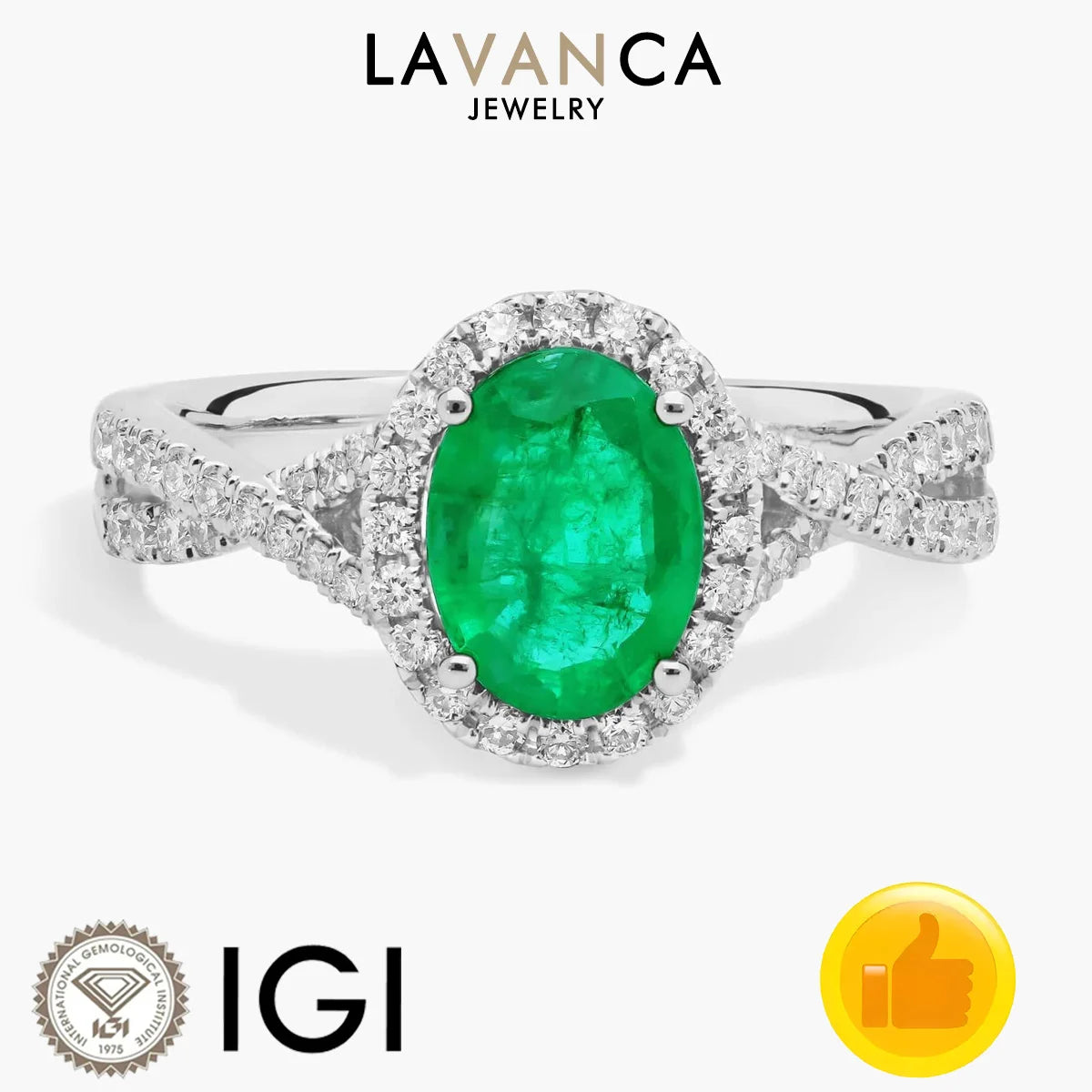 9K/14K/18K White Gold Center Stone Oval Cut Lab Grown Emerald Accented by Round Lab Diamond Twisted Shank Ring