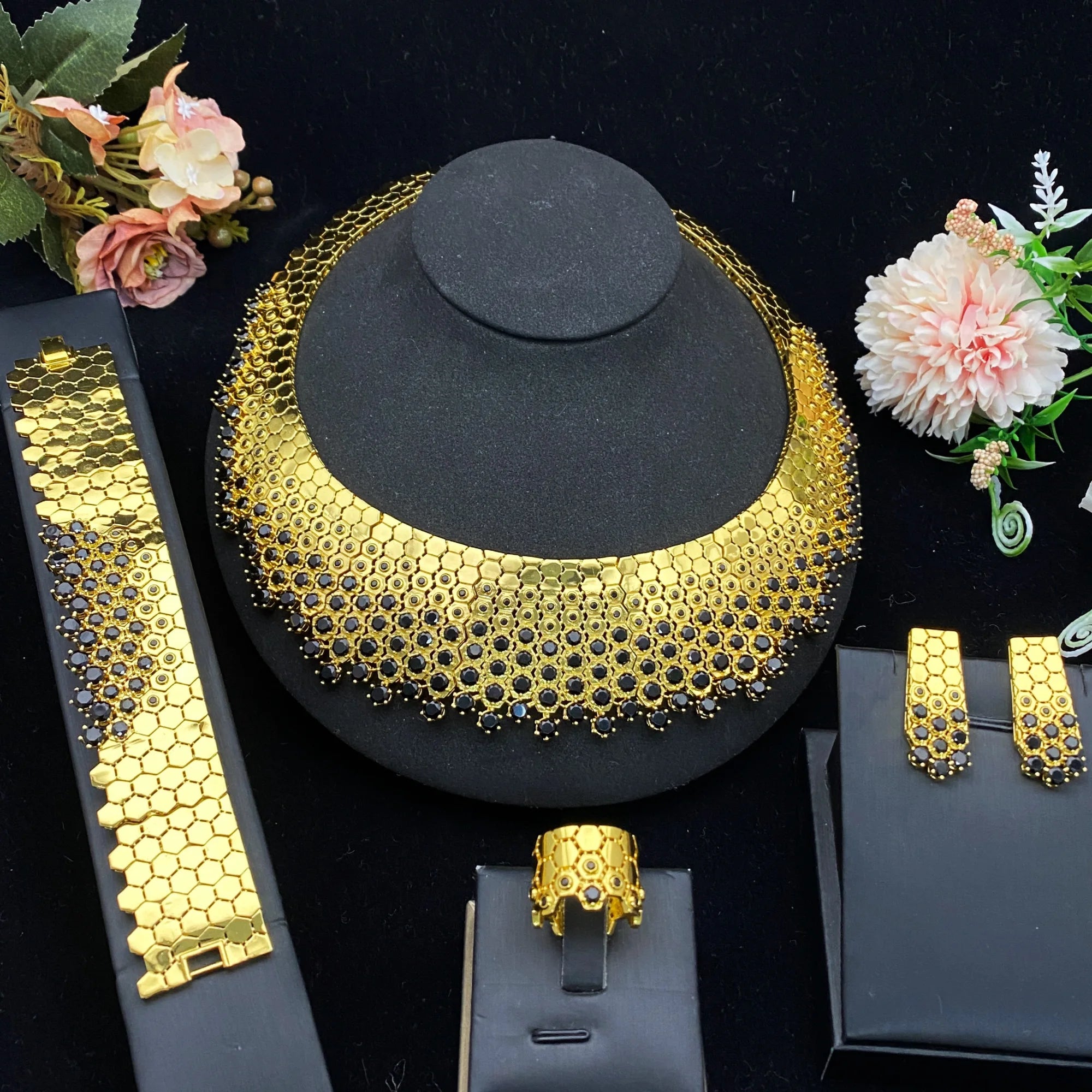 4PCS 18KT Yellow Gold Luxury Dubai Honeycomb Set Certified Bridal & Formal Set