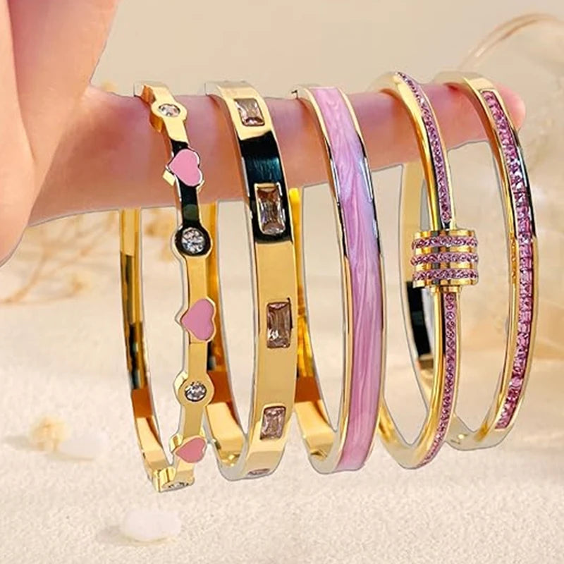 Stackable Gold Color Bangle Bracelet Set for Women - 18K Gold Plated Stainless Steel Pink Crystal Love Heart Bracelet Jewelry