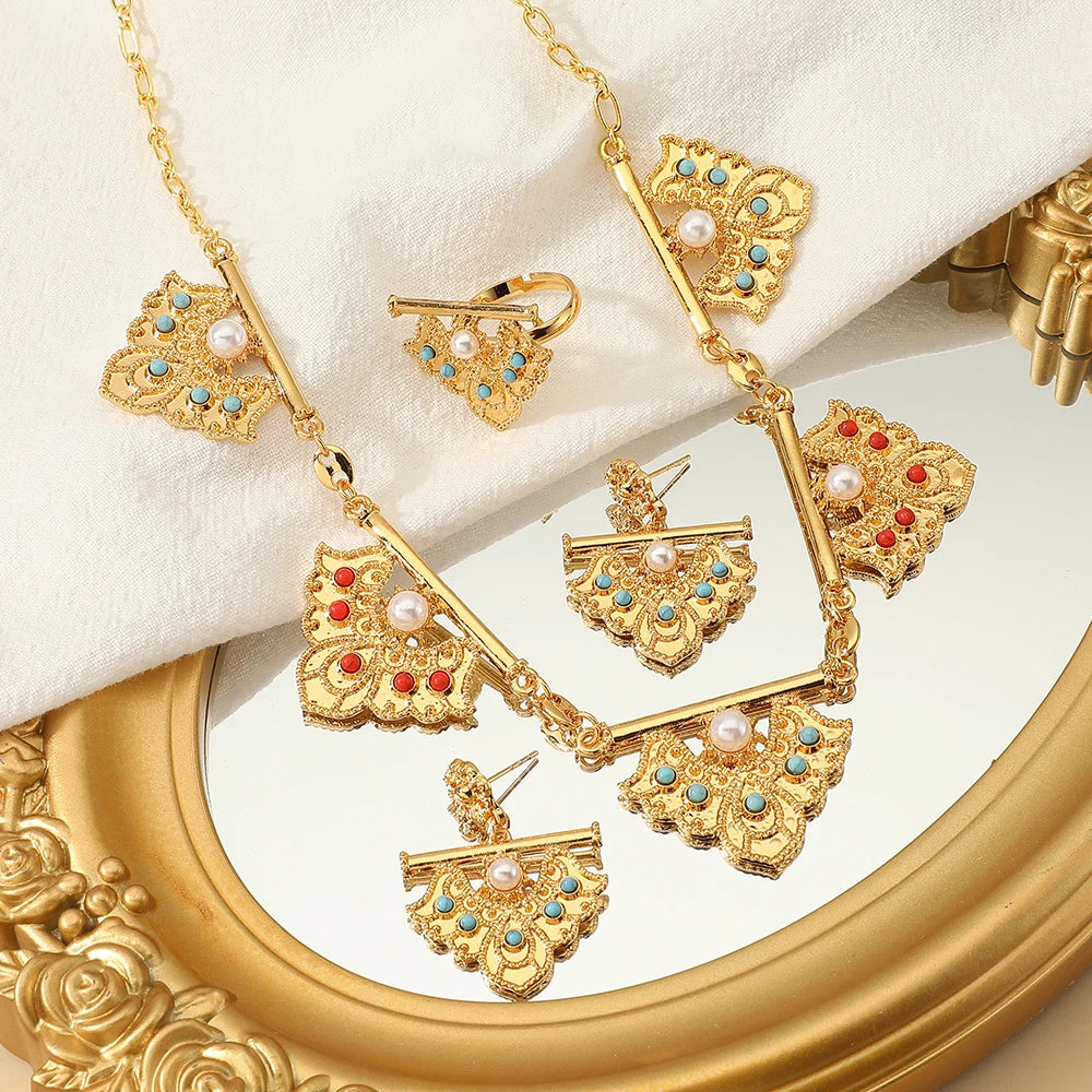 Luxury Palace 18KT Gold Plated Multi Gemstone Geometric Necklace & Earring Set