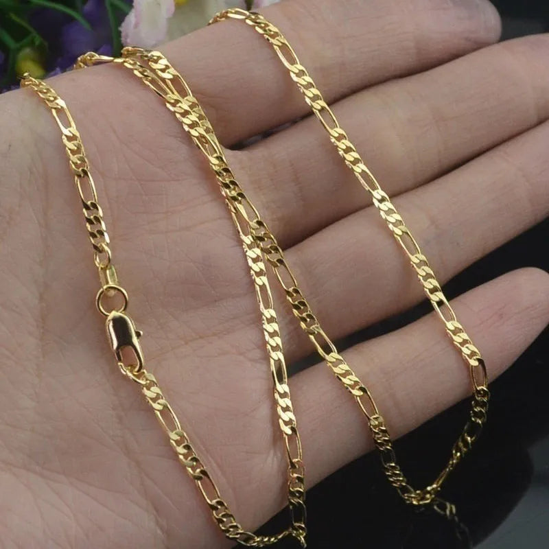 Luxury 24KT 9999 Pure Gold 2MM Three One Figaro Necklace