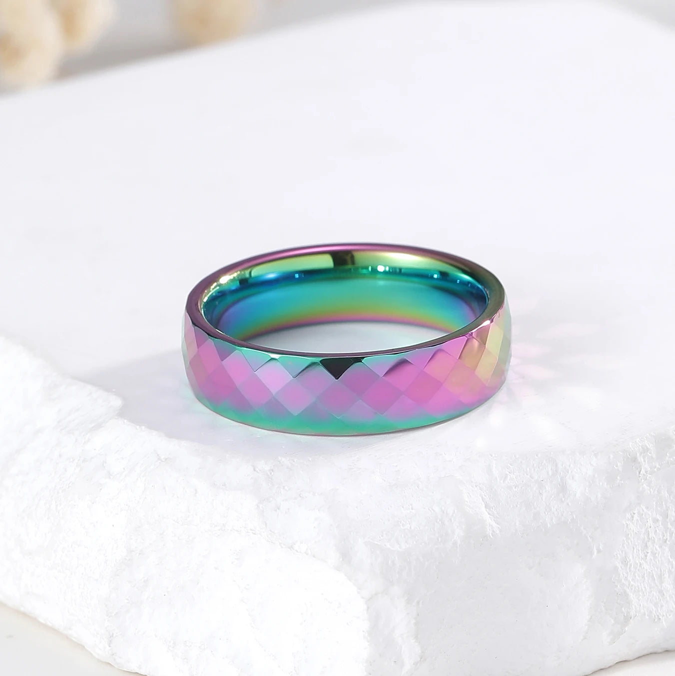 4/6MM Rainbow Faceted Edge Dome Polished Tungsten Carbide Ring
