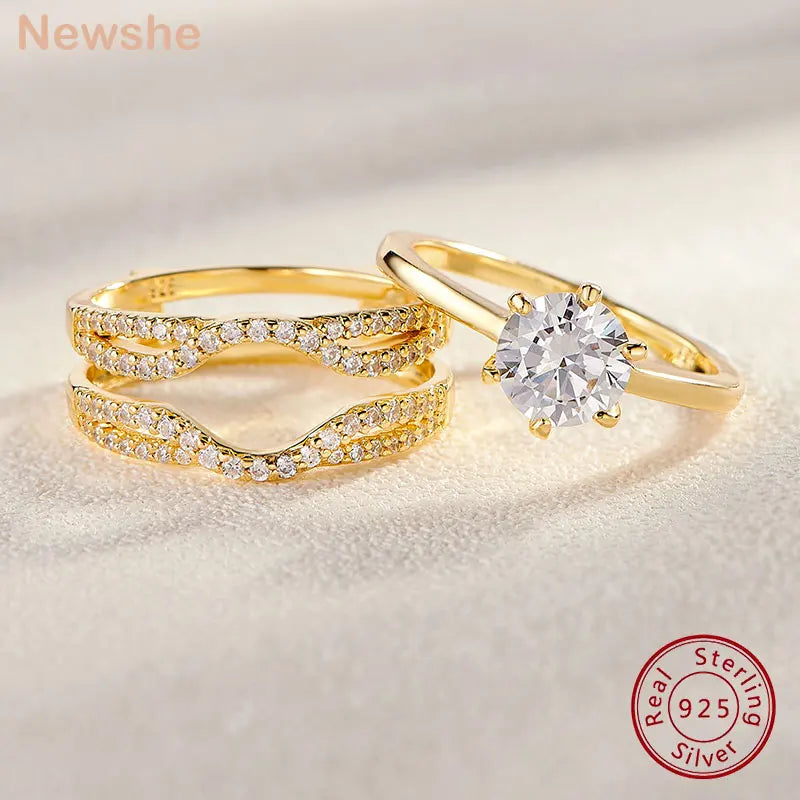 Solid 925 Sterling Silver Rose Gold Plated Solitaire Round Cut 5A CZ Wrap W/ Solitaire Crown Engagement Set