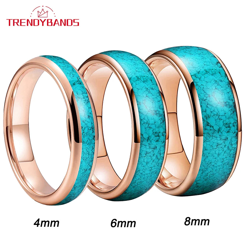 4MM, 6MM 8MM Tungsten Carbide Comfort Fit with Natural Turquoise Gemstone Inlay