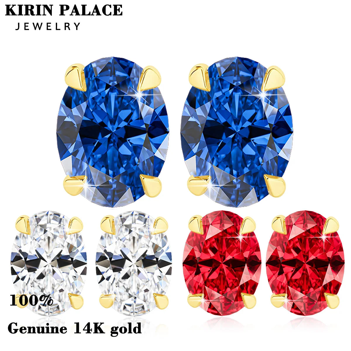 14K Gold Oval Cut 0.5ct 1ct 2ct Moissanite Red Blue Corundum Unisex Luxury Stud Earrings