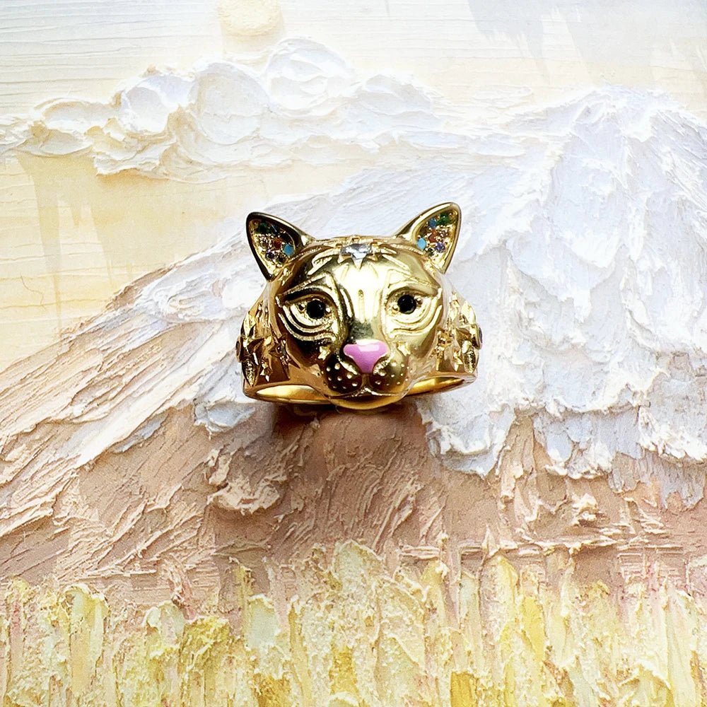 Gold Plated Ring Cat Spring Brand New Fine In 925 Sterling Silver