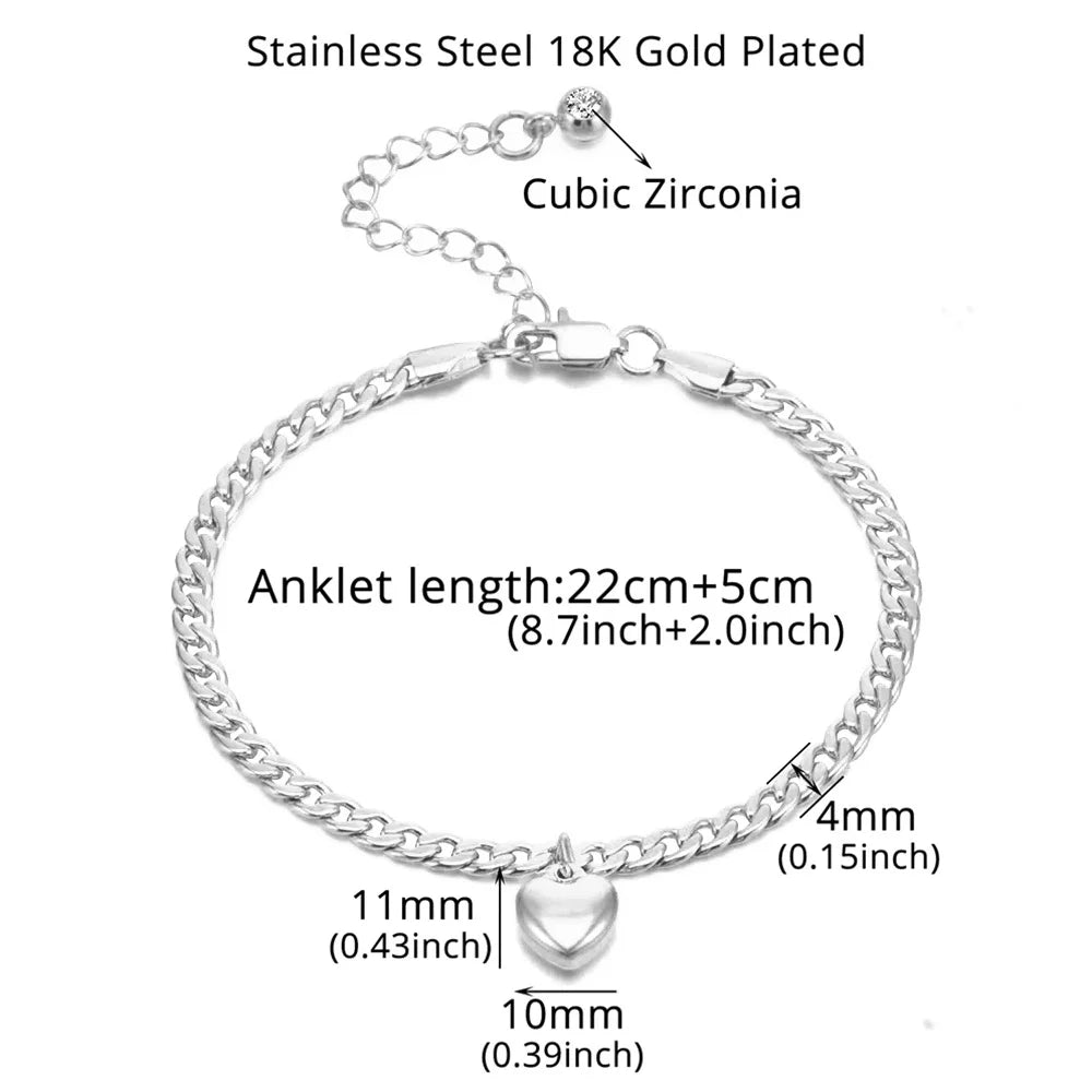18KT Stainless Steel Plated Heart CZ Cuban Link Ankle Bracelet