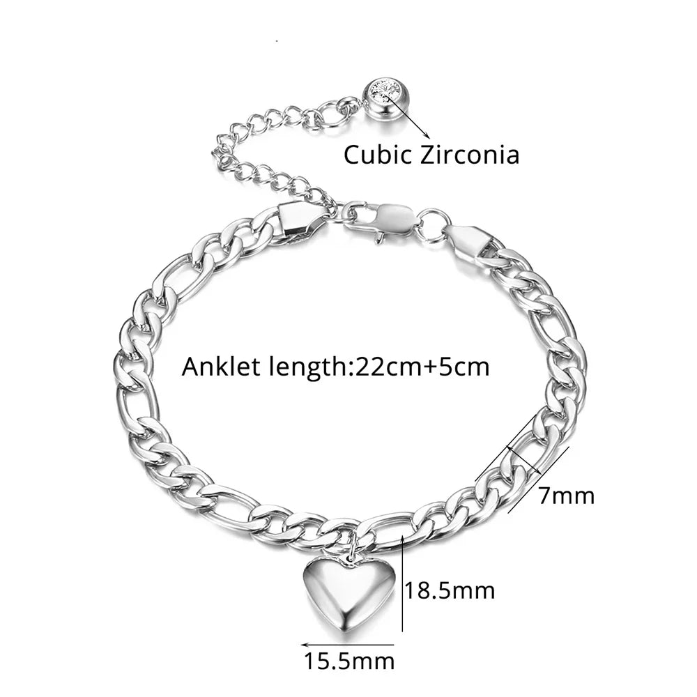 18KT Stainless Steel Plated Heart CZ Cuban Link Ankle Bracelet